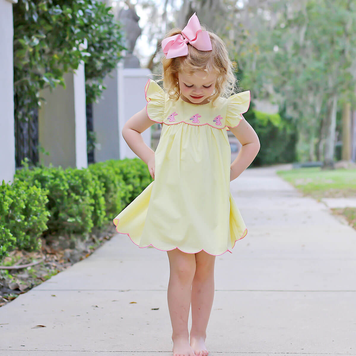 Pink Bunnies Yellow Scalloped Amelia Dress Classic Whimsy Pink Bunnies Yellow Scalloped Amelia Dress Classic Whimsy