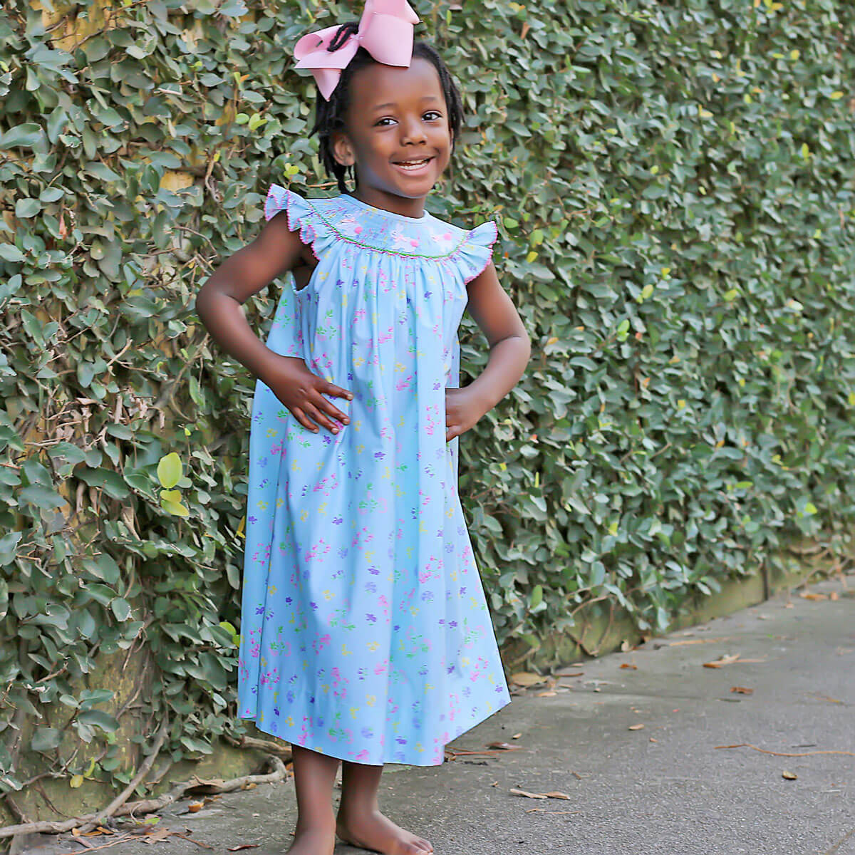 Turquoise Floral Bunny Smocked Dress