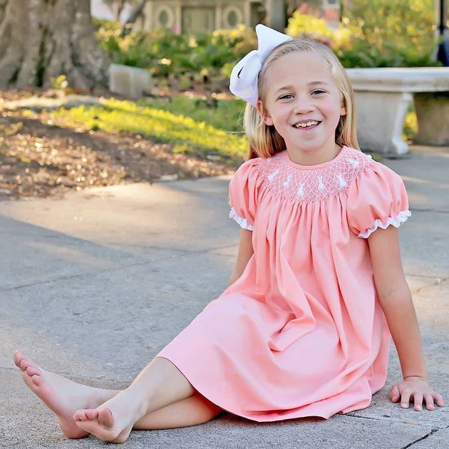 Cottontail Smocked Bishop Peach Pique – Classic Whimsy