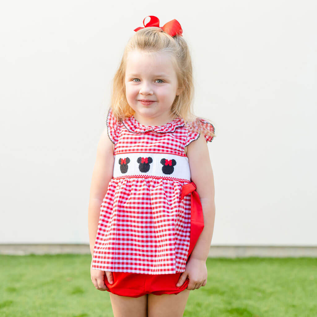 Mouse Ears Smocked Red Beverly Bloomer Set
