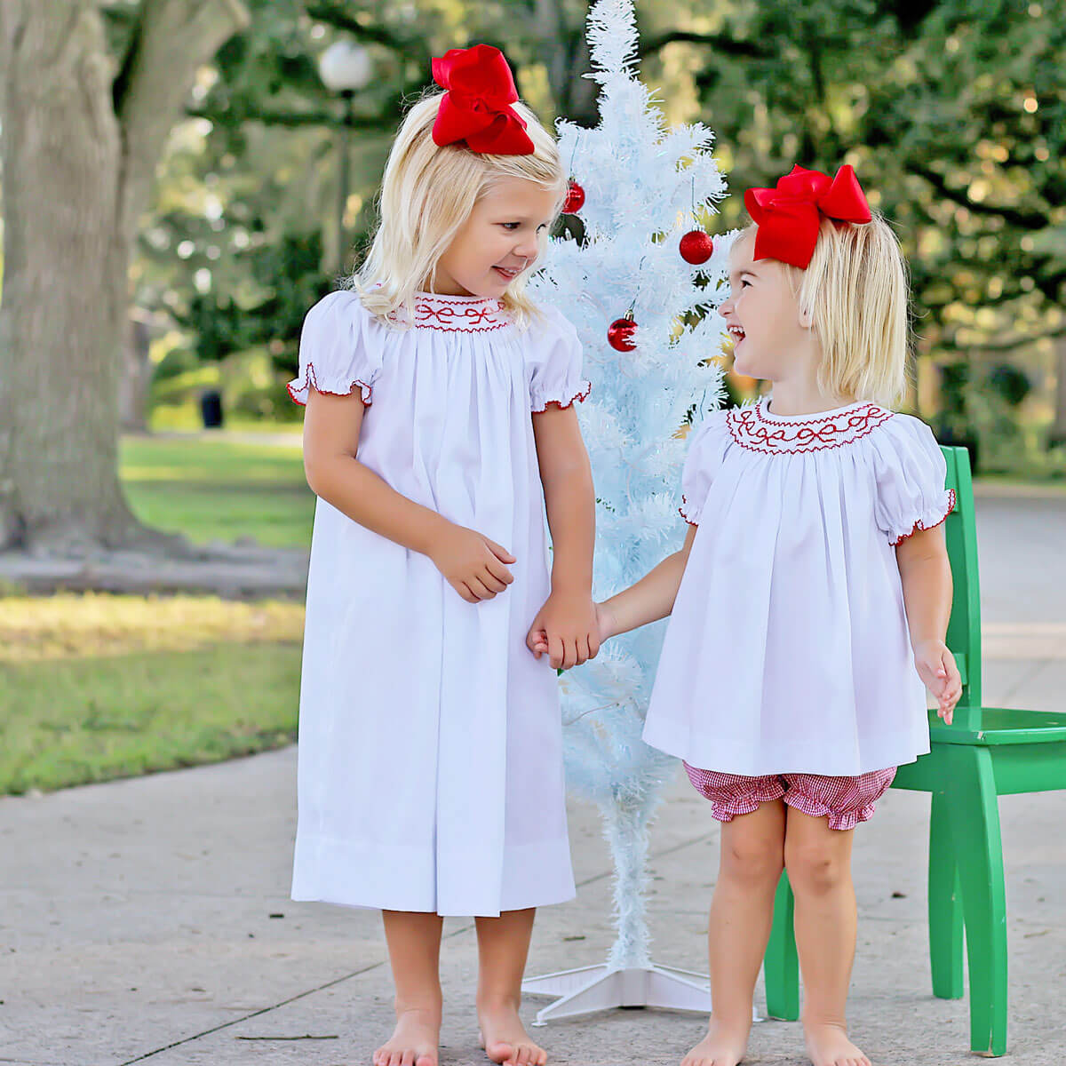 christmas bow dresses Smocked Red Bows White Dress – Classic Whimsy
