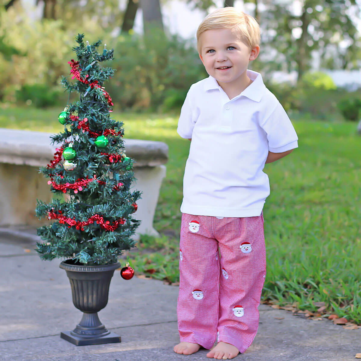 Red Gingham Santa Embroidered Pants