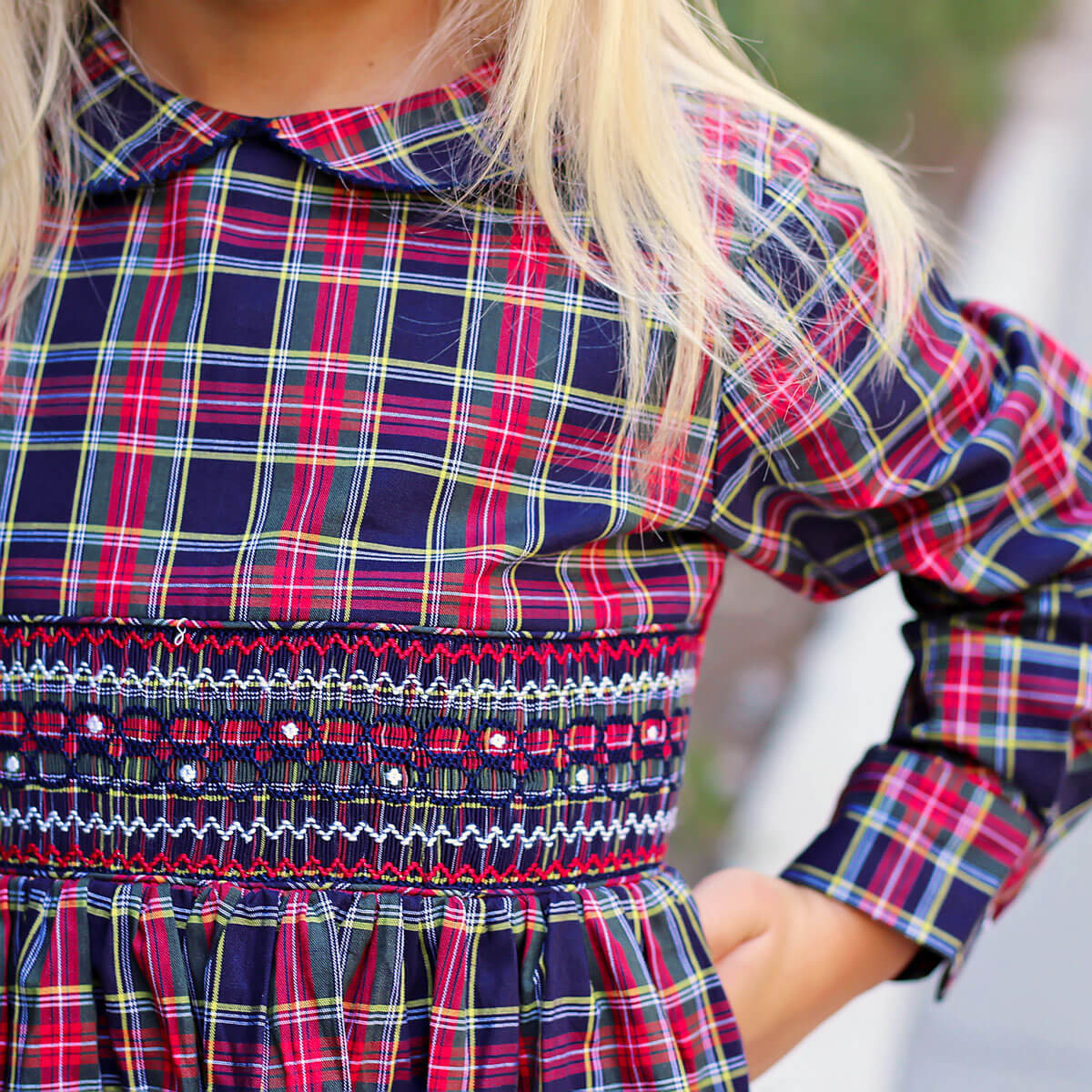 Geometric Smocked Vermont Plaid Long Sleeve Dress