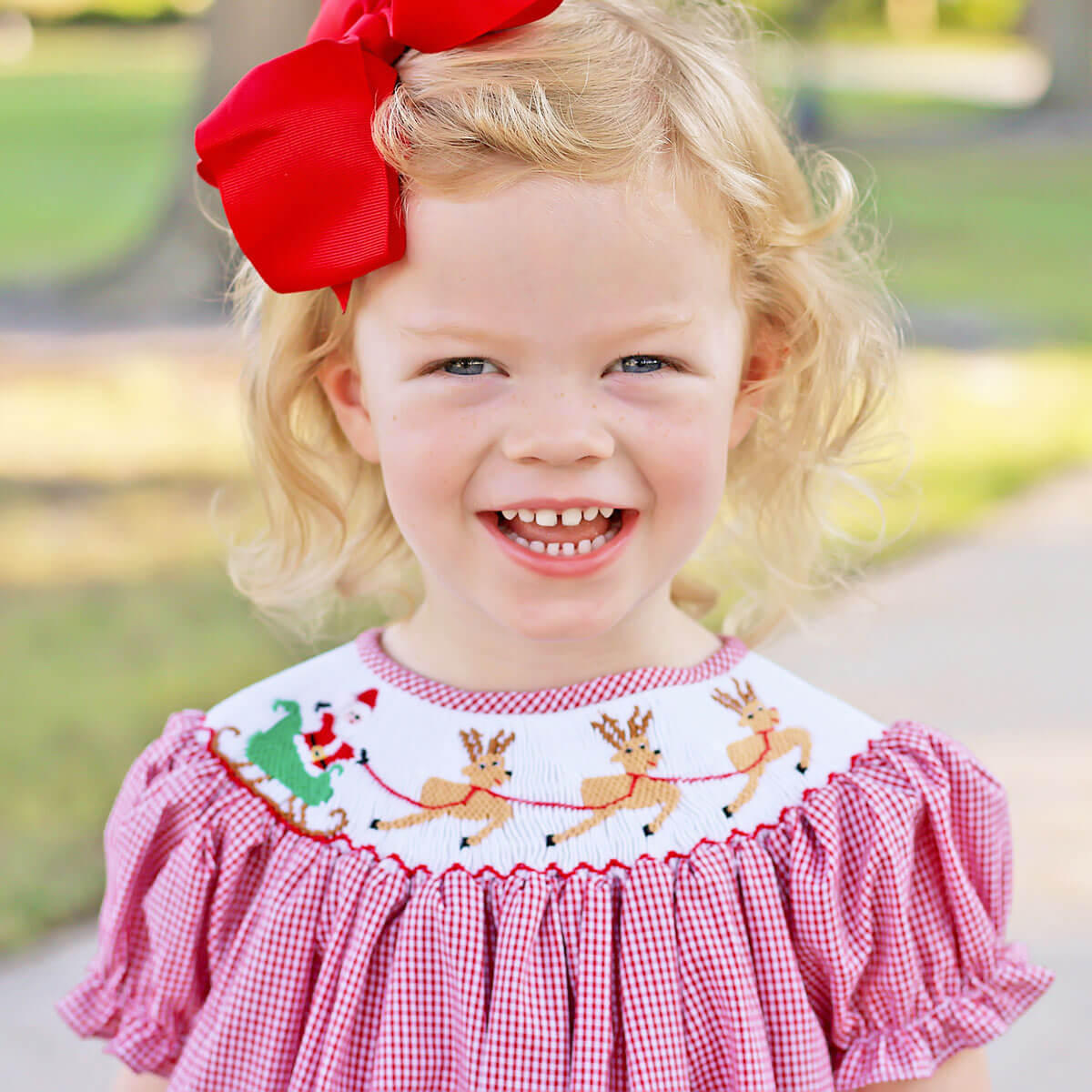 Santa's Magic Smocked Red Gingham Bishop Dress – Classic Whimsy