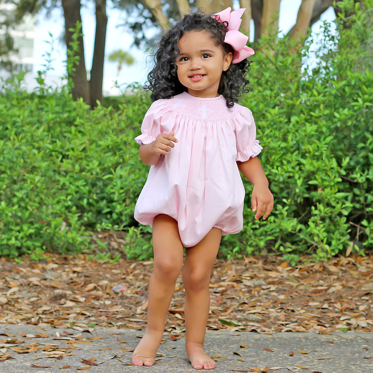 Smocked Cross Pink Pique Bubble by Southern Sunshine - Girls Bubbles - 2T