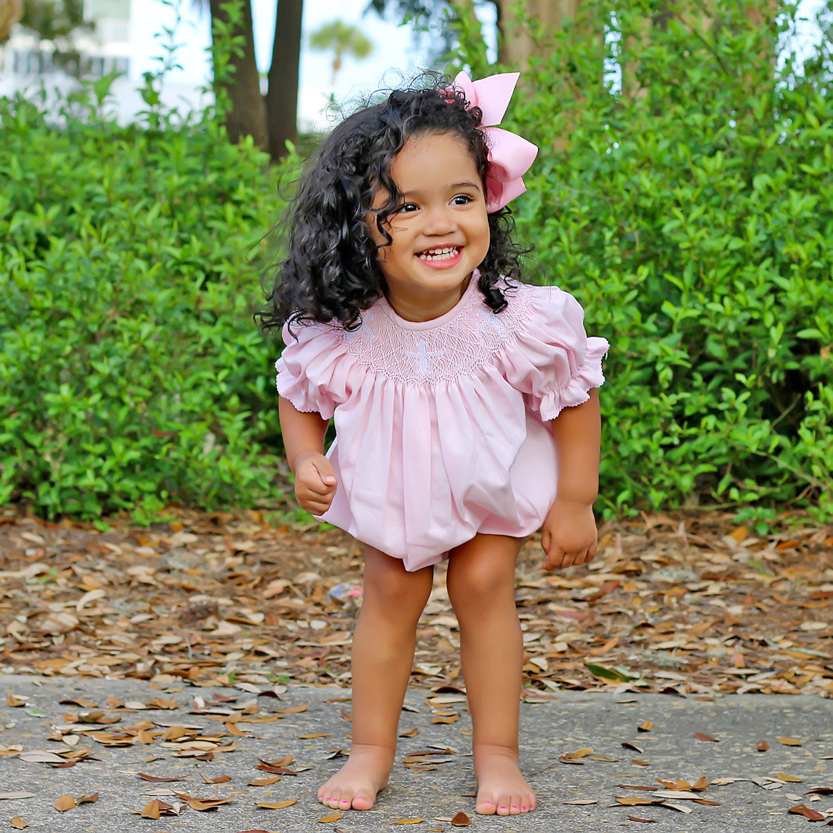 Smocked Cross Pink Pique Bubble – Classic Whimsy