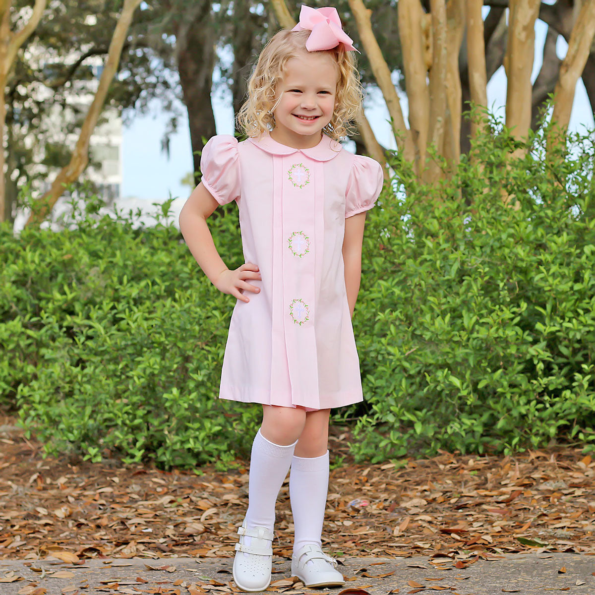 Cross and Wreath Embroidered Pink Sally Dress by Southern Sunshine - Girls Dresses