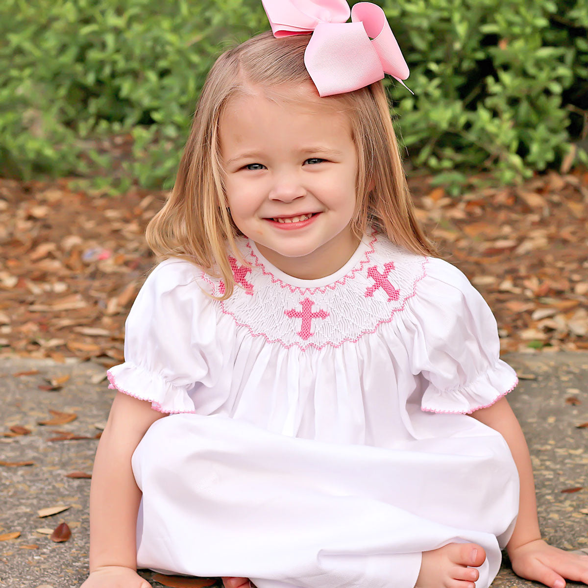 Pink Cross Smocked White Bishop Dress by Southern Sunshine - Girls Dresses - 7 Pink Cross Smocked White Bishop Dress by Southern Sunshine - Girls Dresses - 7