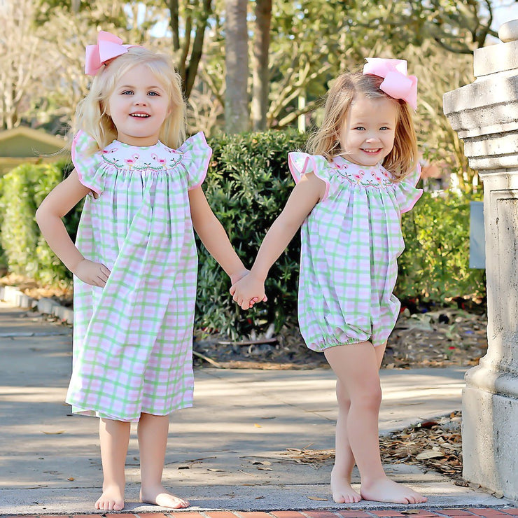 Flamingo Smocked Bubble Pink and Green Plaid