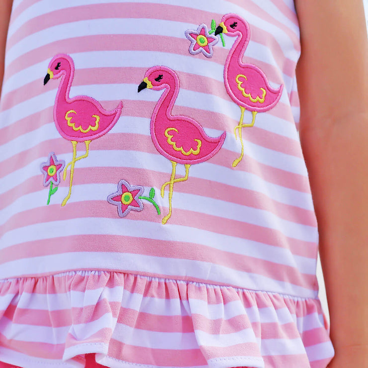 Flamingo Applique Pink Stripe Ruffle Short Set