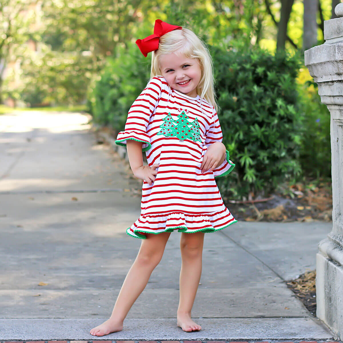 Red Stripe Three Tree Applique Dress