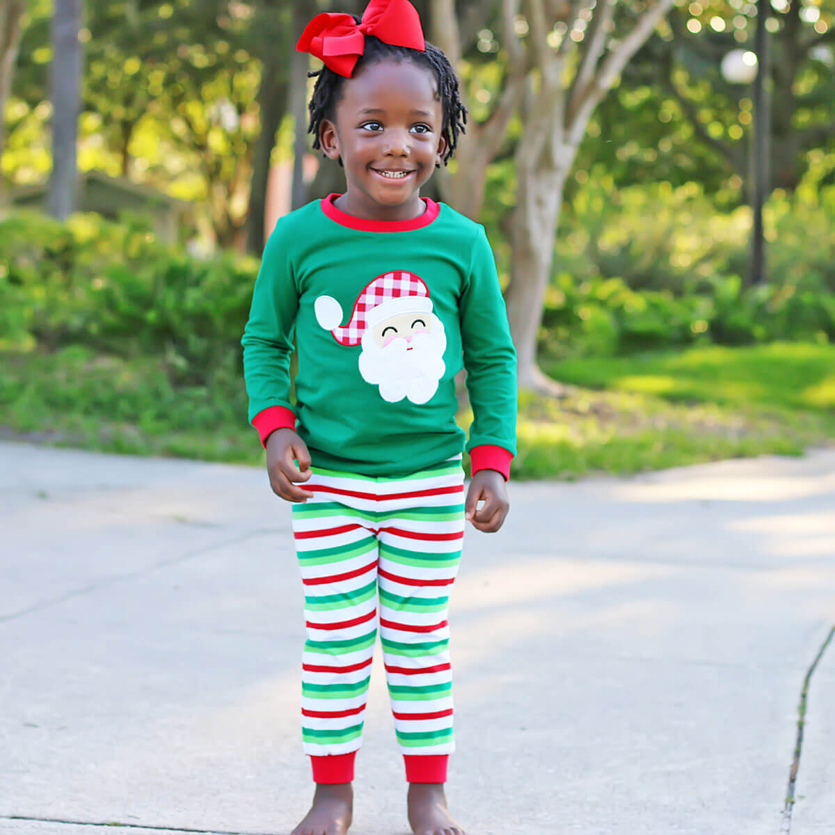 Happy Santa Green Cheerful Stripe Pajamas Classic Whimsy