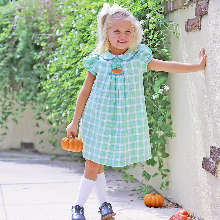 Green Plaid  Pumpkins Smocked Dress