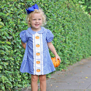 Royal Blue Gingham Pumpkin Embroidered Dress