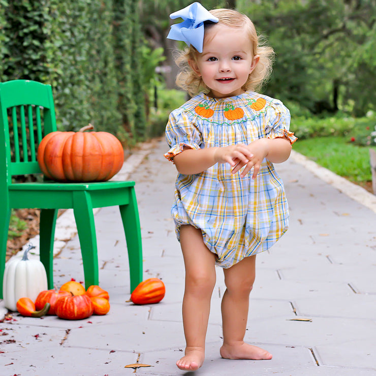 Pumpkin Blue and Yellow Plaid Girl Bubble