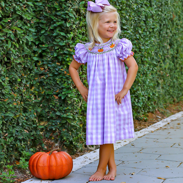 Smocked Pumpkin Lavender Check Dress
