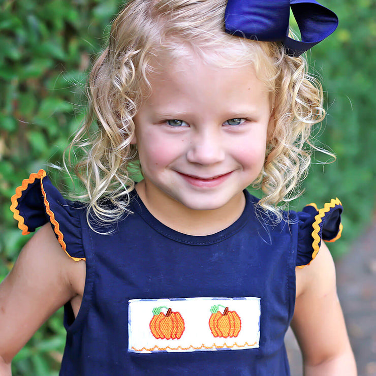 Pumpkin Smocked Blue Plaid Girl Short Set