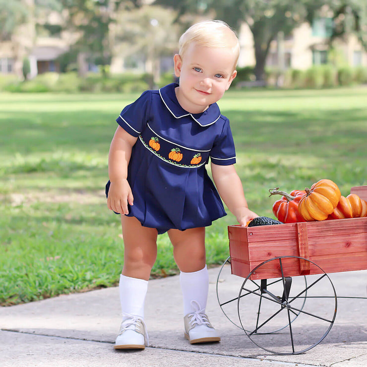 Navy Pique Smocked Pumpkins Collared Boy Bubble