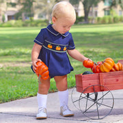 Navy Pique Smocked Pumpkins Collared Boy Bubble