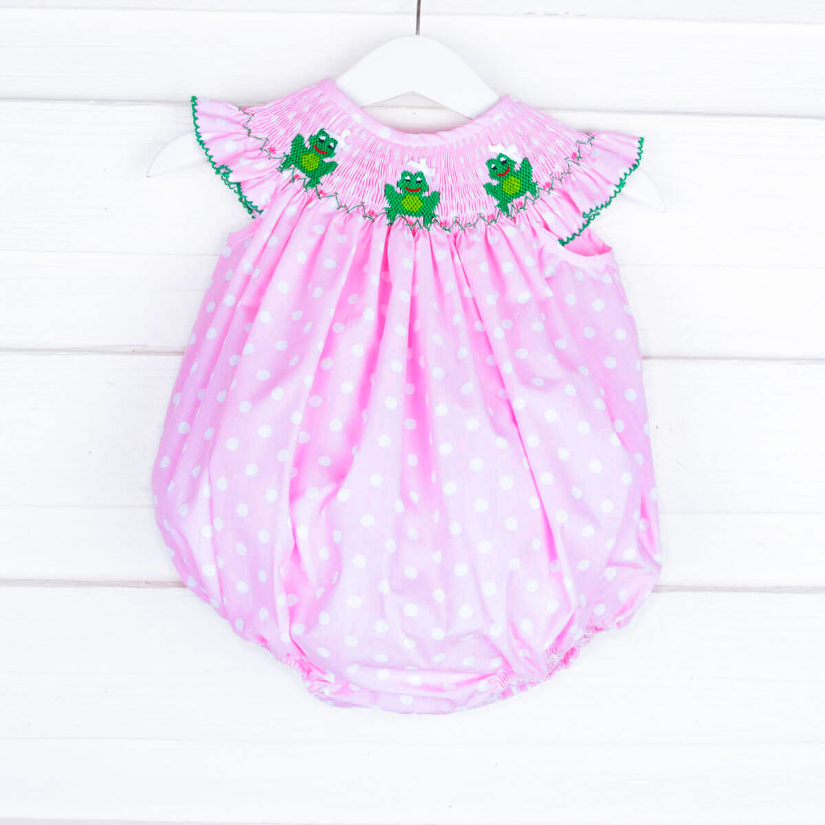 Frog Smocked Pink Dotted Bubble – Classic Whimsy