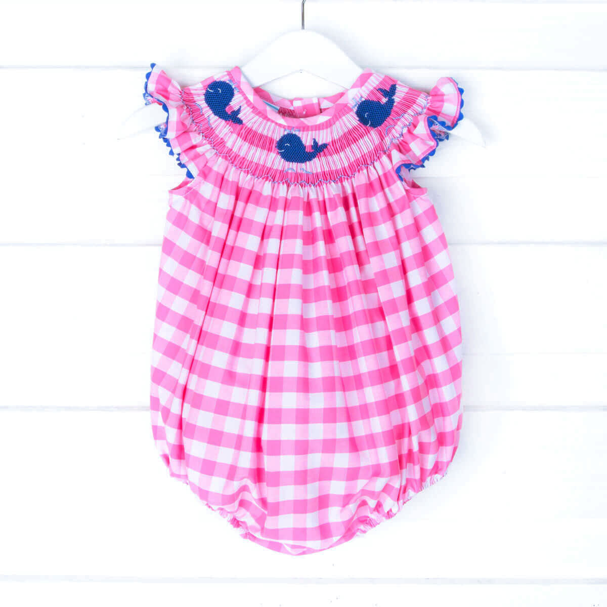 Whale Smocked Hot Pink Check Bubble