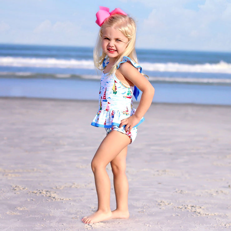 Watercolor Sailboat One Piece Swimsuit
