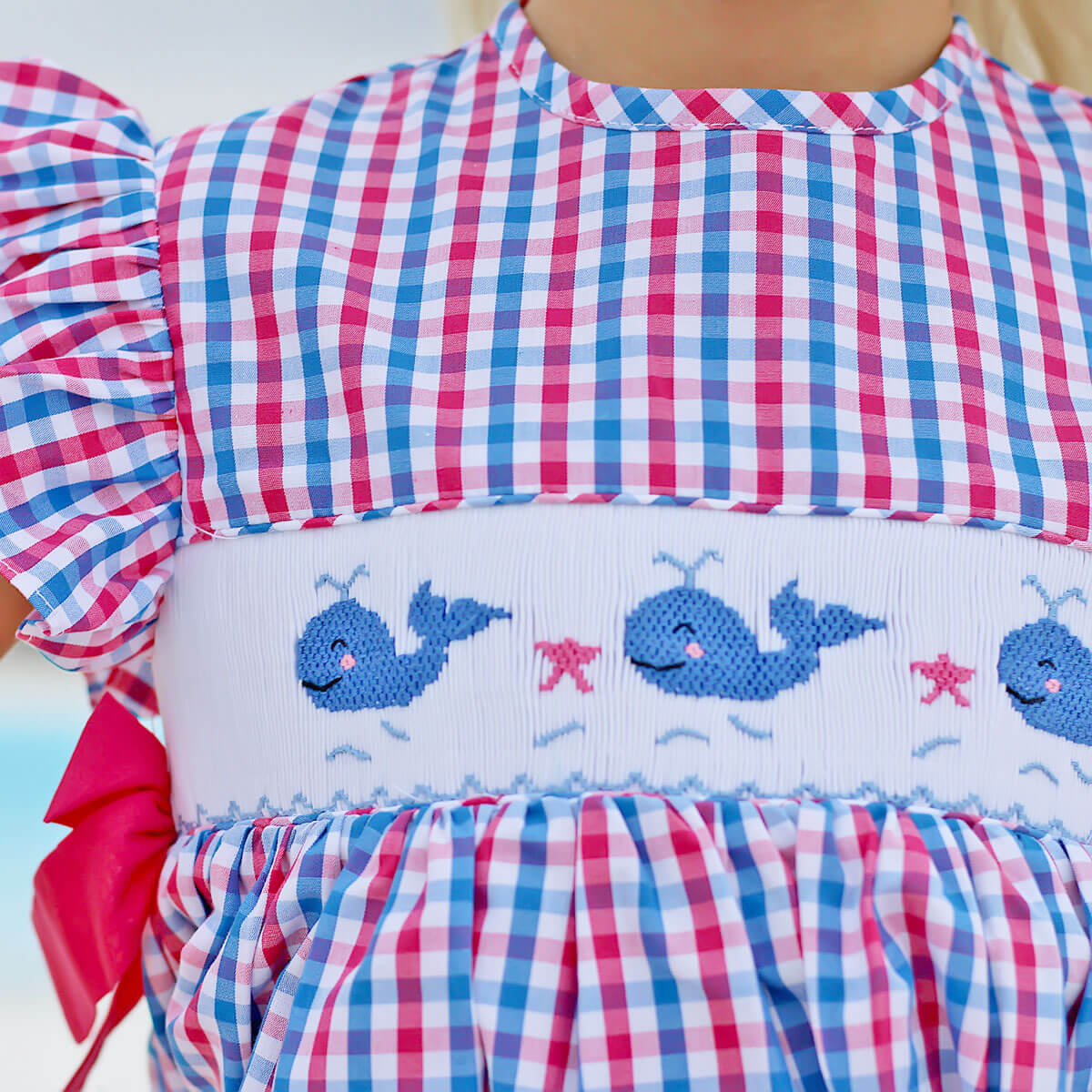 Whale Smocked Pink and Blue Plaid Beverly Bubble