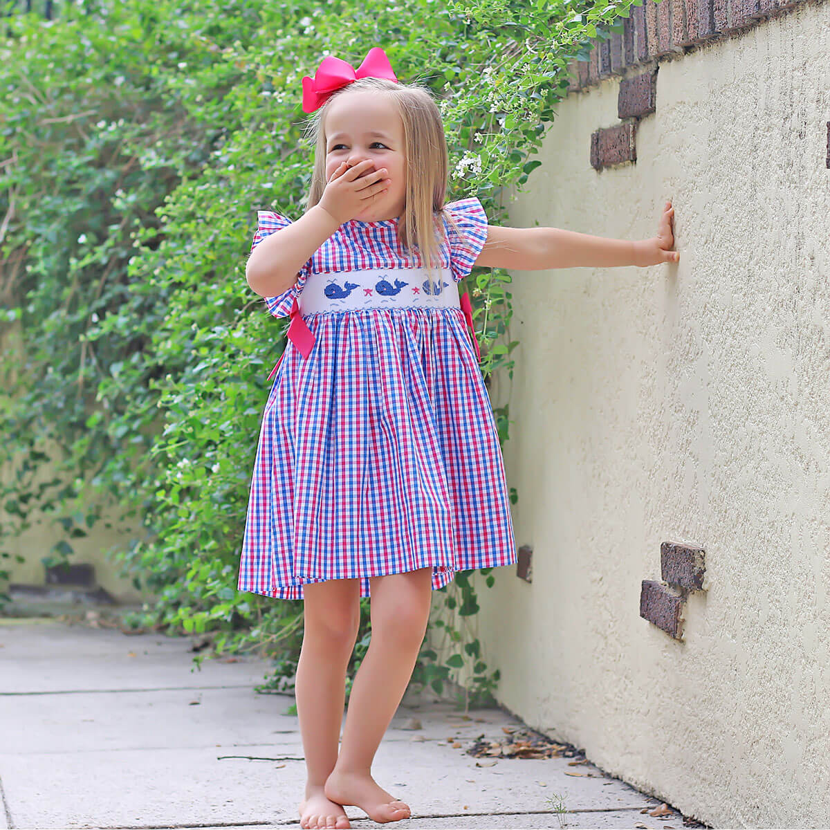 Whale Smocked Pink and Blue Plaid Beverly Dress
