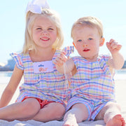 Whale Smocked Short Set Coral and Navy Plaid