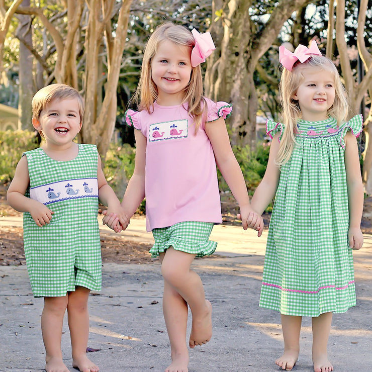 Pink Whale Smocked Girls Short Set Green Check