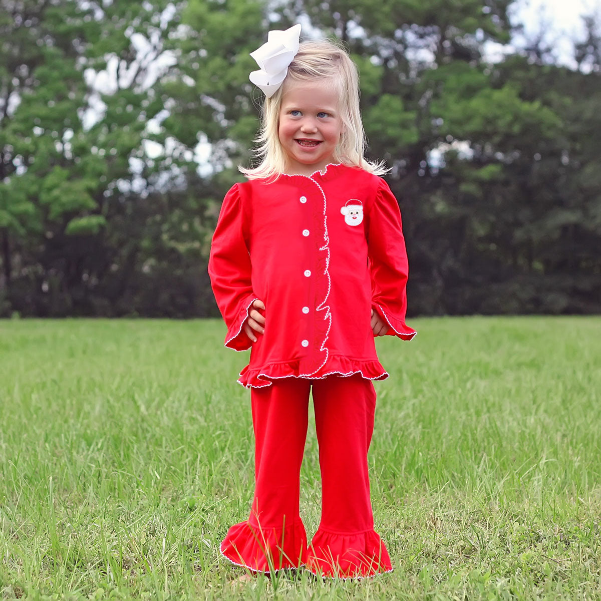 Santa Embroidered Girl Red Loungewear