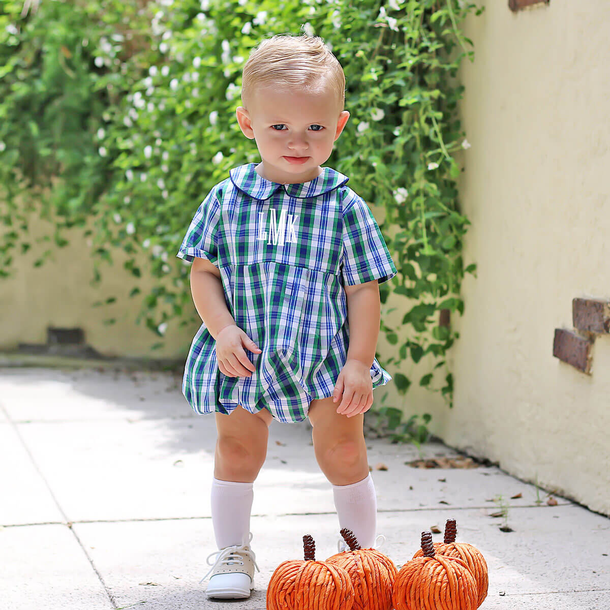 Navy and Green Fall Plaid Boy Bubble