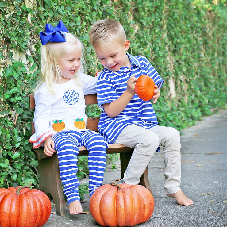 Pumpkin Ruffle Legging Set Blue and White Stripe