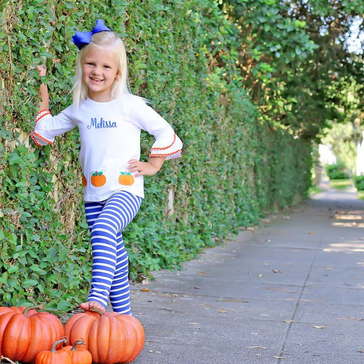 Pumpkin Ruffle Legging Set Blue and White Stripe