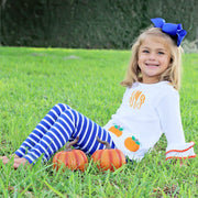 Pumpkin Ruffle Legging Set Blue and White Stripe
