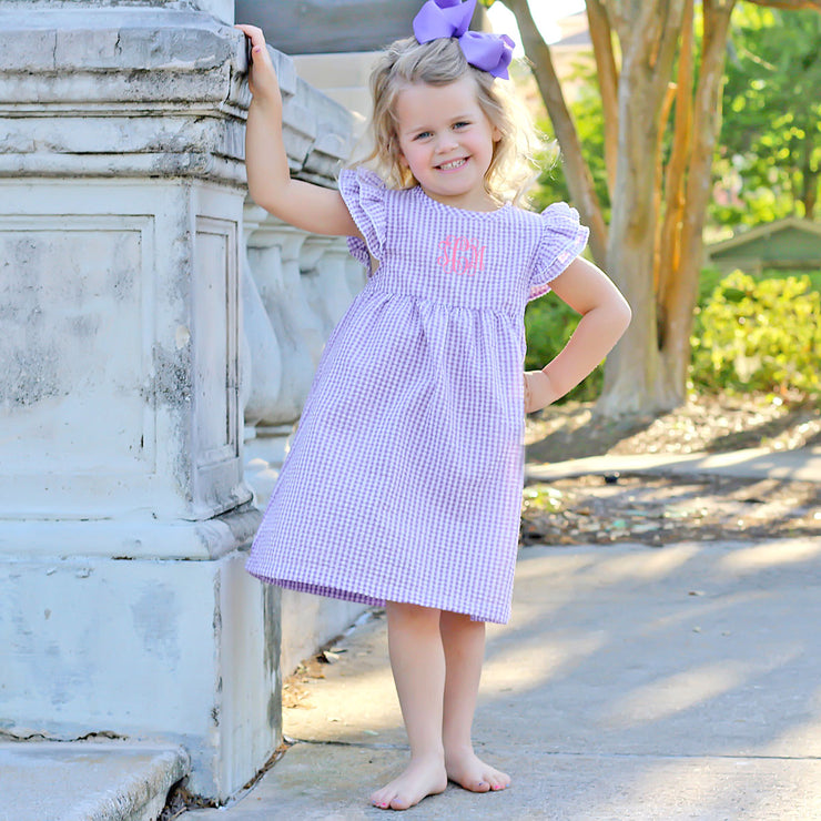 Purple Gingham Flutter Sleeve Dress