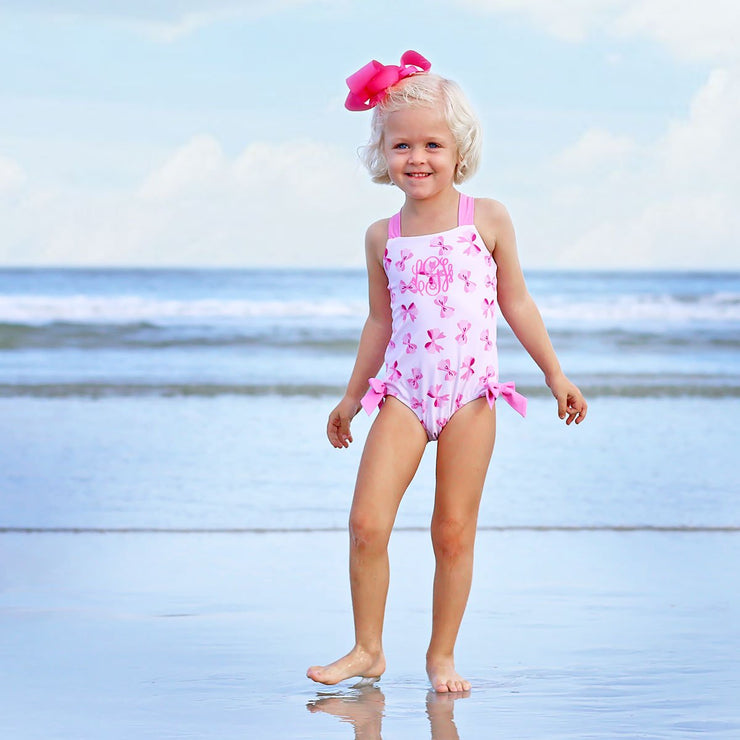 Pink Bow Print One Piece Swimsuit
