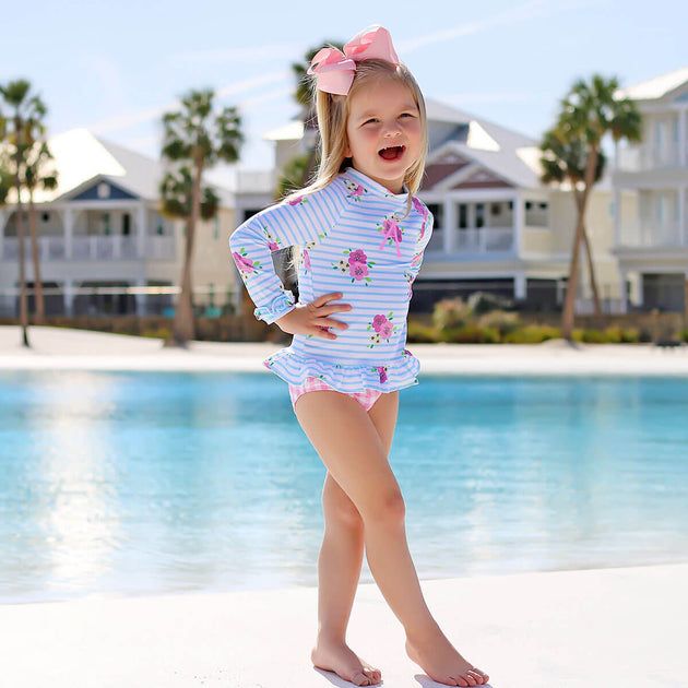 Floral Stripe Long Sleeve Girls Rash Guard Swim Set – Classic Whimsy