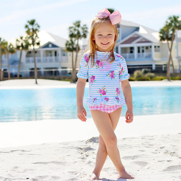 Floral Stripe Short Sleeve Girls Rash Guard Swim Set – Classic Whimsy