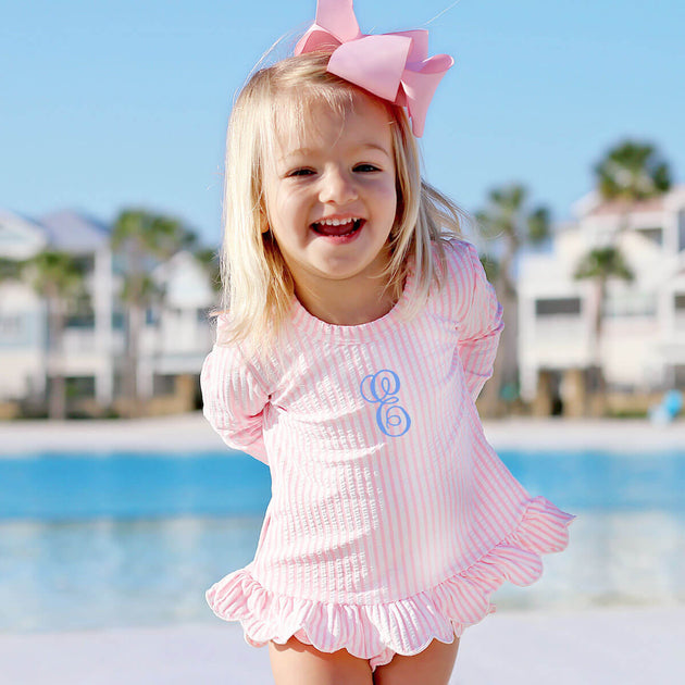 Pink Stripe Seersucker Girls Rash Guard Swim Set – Classic Whimsy