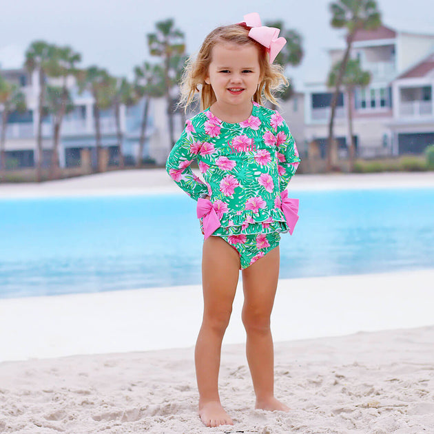 Tropical Palm Leaf Girls Rash Guard Swim Set – Classic Whimsy