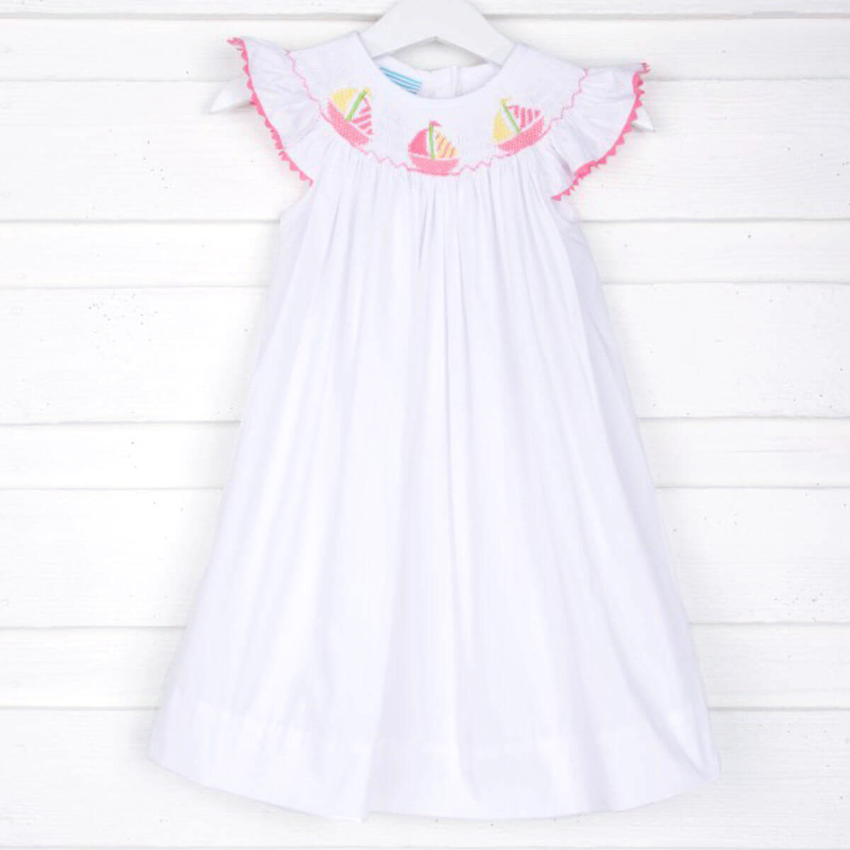 Pastel Sailboat Smocked White Dress