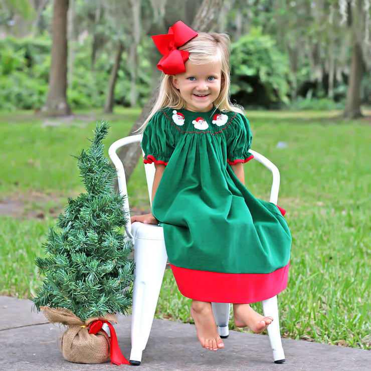 Santa Face Smocked Green Bishop Dress