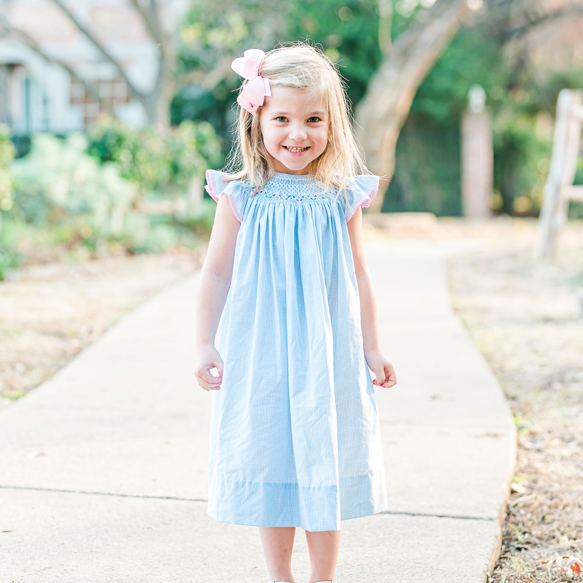 Peach Floral Smocked Dress Light Blue Gingham Classic Whimsy Peach Floral Smocked Dress Light Blue Gingham Classic Whimsy