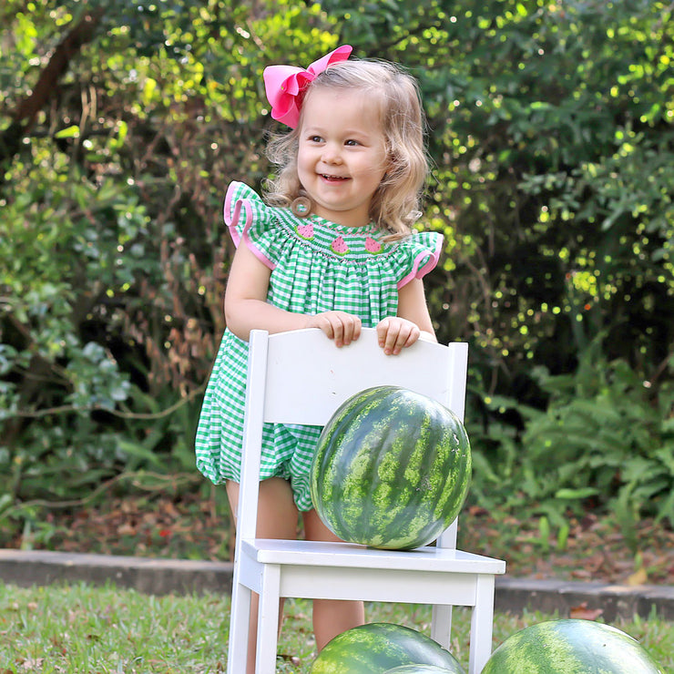 Pink Watermelon Smocked Bubble Green Check