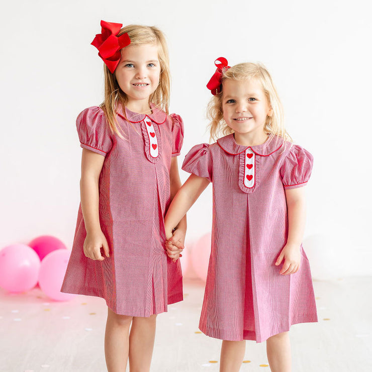 Heart Embroidered Tab Dress Red Gingham