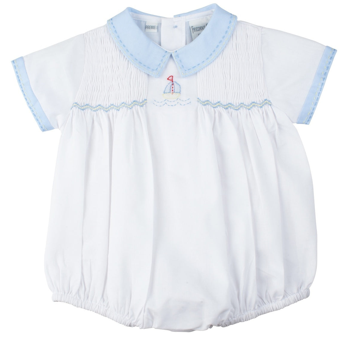 Embroidered Sailboat White and Blue Smocked Bubble