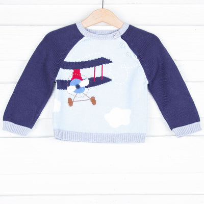 Blue Airplane Knit Button Sweater