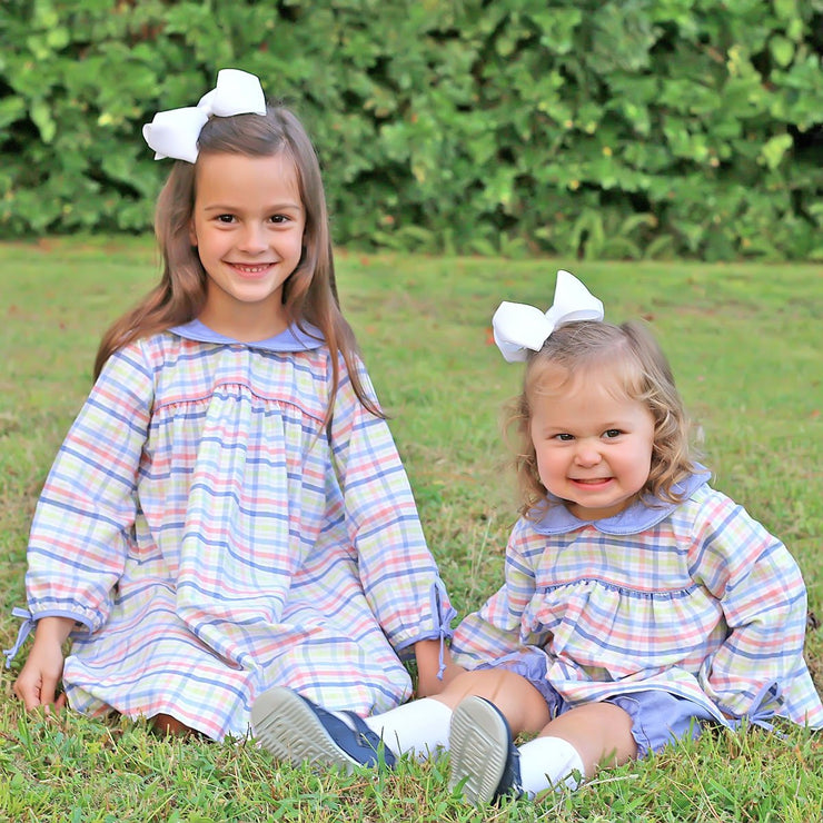 Long Sleeve Lillian Bloomer Set Blue and Coral Plaid
