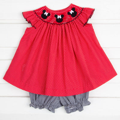 Mouse Ears Smocked Red Dotted Bloomer Set